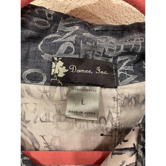 Damee Inc Shirt Womens Large Blue White Button Front Script Print 3/4 Sleeve - Picture 3 of 4